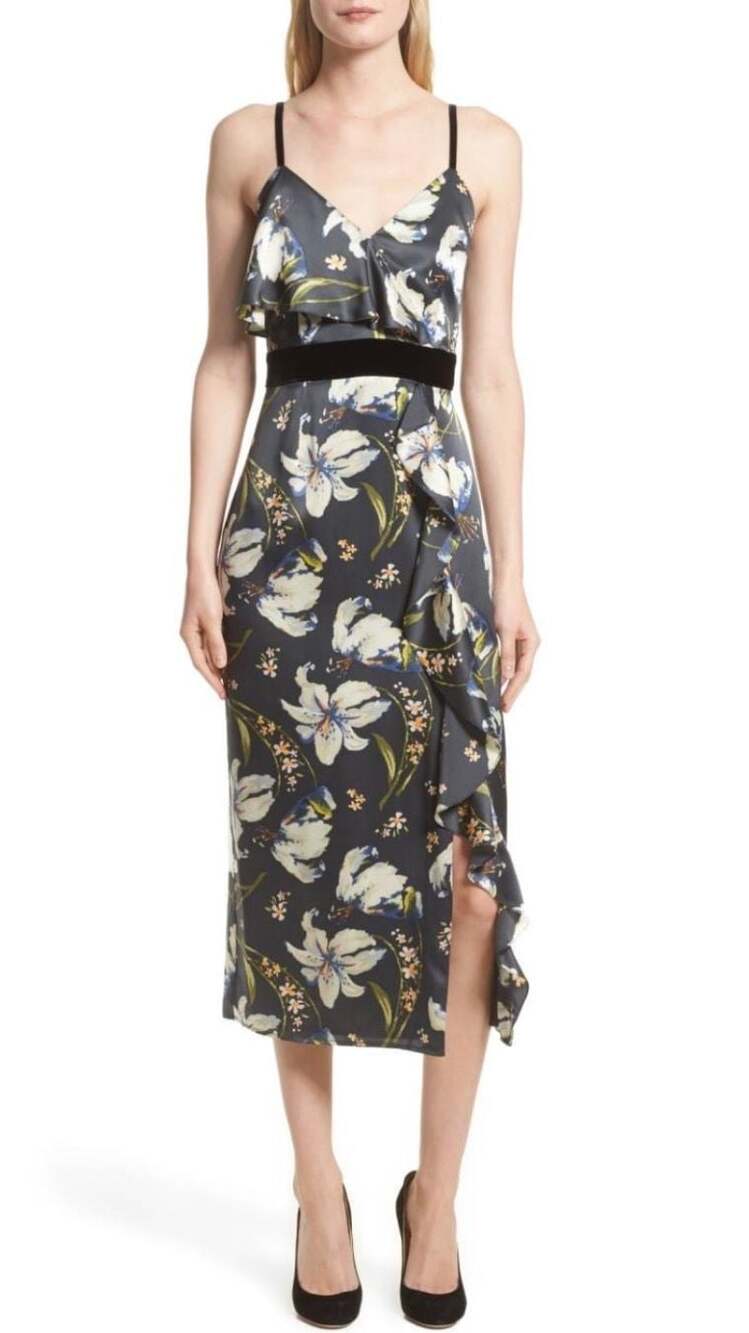 Cinq à Sept Leena Floral Print Silk Midi Dress with Velvet Trim